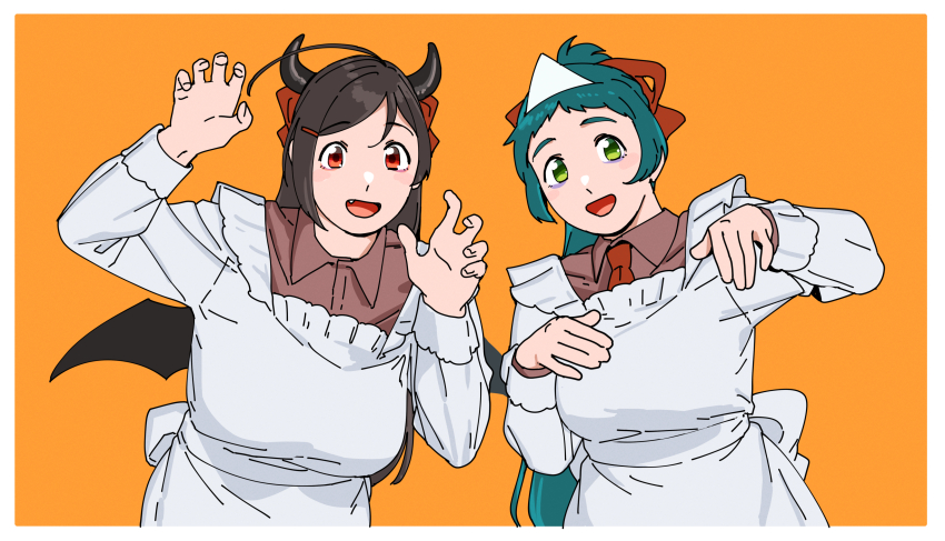 2girls absurdres apron brown_hair brown_shirt curled_fingers demon_horns fake_horns green_eyes green_hair highres horns irako_(kancolle) kantai_collection kappougi long_hair mamiya_(kancolle) multiple_girls necktie ojipon orange_background ponytail red_eyes red_necktie shirt smile triangular_headpiece upper_body