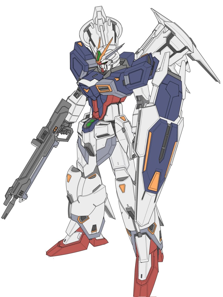 arm_shield arms_at_sides beam_rifle commentary_request energy_gun full_body fusion green_eyes gun gundam gundam_0083 gundam_gp-01_full_vernian_zephyranthes gundam_seed gundam_seed_destiny highres holding holding_gun holding_weapon impulse_gundam mecha mecha_focus mechaklear mobile_suit no_humans robot science_fiction shield simple_background solo standing thrusters trigger_discipline v-fin weapon white_background