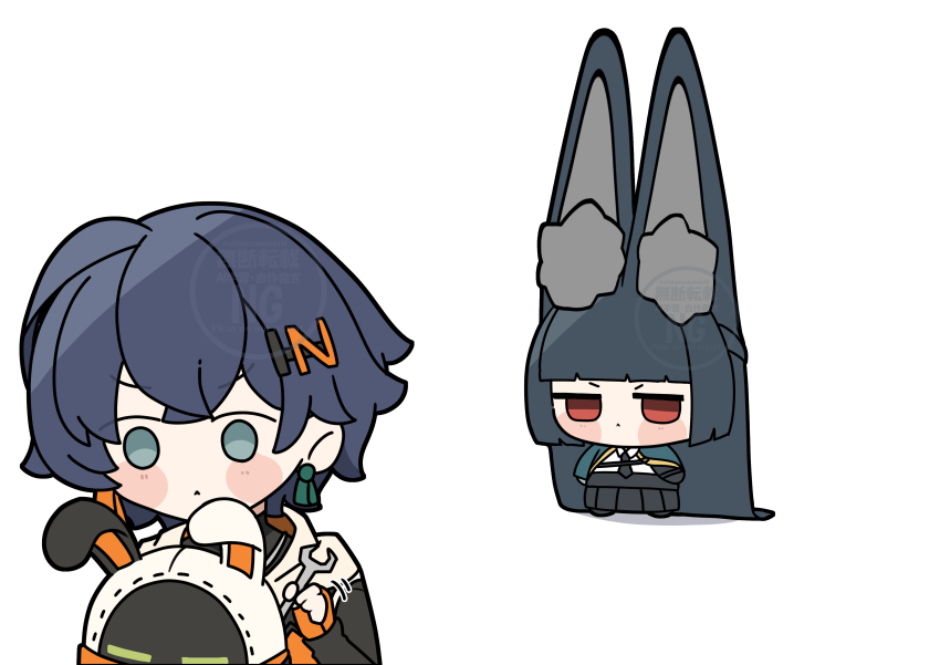 1other 2girls absurdly_long_hair absurdres animal_ear_fluff animal_ears aqua_capelet bangboo_(zenless_zone_zero) belle_(zenless_zone_zero) black_hair black_necktie black_skirt blue_hair blunt_bangs blunt_ends chibi closed_mouth commentary_request dot_mouth eous_(zenless_zone_zero) gloves green_eyes hair_ornament highres hime_cut holding holding_wrench hoshimi_miyabi jitome long-eared_miyabi_(meme) long_hair meme multiple_girls necktie orange_gloves red_eyes shinonome_nashi shirt simple_background skirt very_long_ears very_long_hair watermark white_background white_shirt wrench zenless_zone_zero