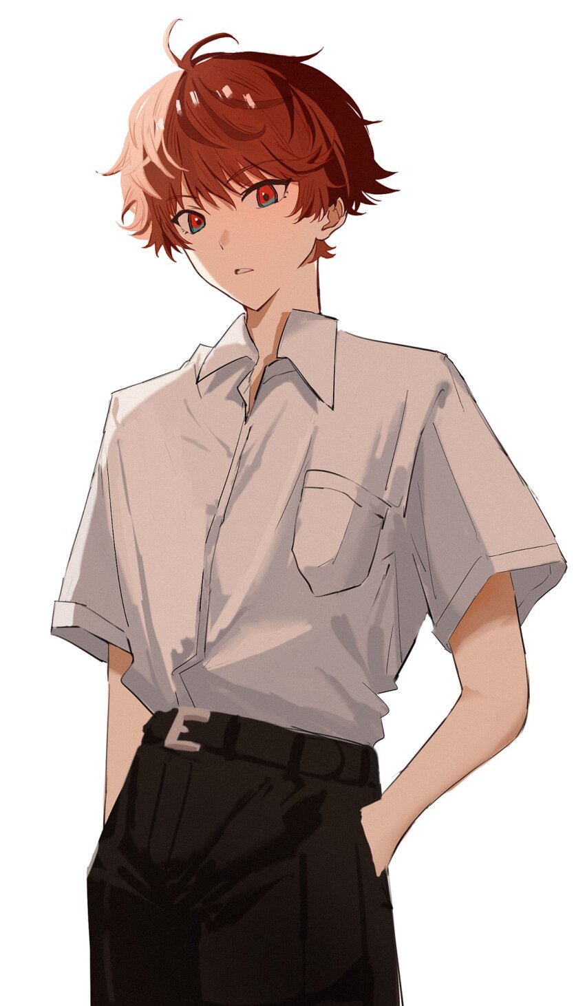 1boy belt belt_buckle black_pants buckle collared_shirt hands_in_pockets highres male_focus open_mouth orange_eyes orange_hair pants school_uniform shirt shirt_tucked_in short_sleeves shoushimin_series simple_background solo urino_takahiko white_background white_shirt yuuhi_mari