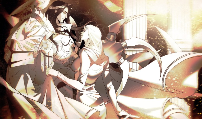 1boy 1girl aquila_(symbol) armor black_hair breastplate cape clawed_gauntlets commentary dress emperor_of_mankind english_commentary erda_(warhammer_40k) fangtangtang2333 gauntlets gold_armor highres holding holding_weapon husband_and_wife imperial_aquila laurel_crown laurels light_smile long_hair ornate ornate_armor pauldrons pillar power_armor shoulder_armor single_gauntlet warhammer_40k weapon