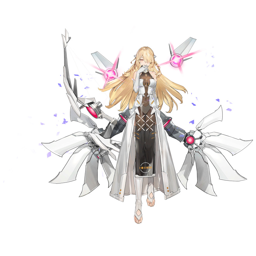 1girl angelus_(neural_cloud) artist_request bare_shoulders blonde_hair bow braid detached_sleeves drone full_body game_cg girls&#039;_frontline girls&#039;_frontline_neural_cloud glowing hair_over_one_eye hand_to_own_mouth highres holding holding_behind_back holding_weapon_behind_back official_art pelvic_curtain see-through_pelvic_curtain smile solo tachi-e third-party_source toeless_legwear transparent_background white_sleeves yellow_eyes