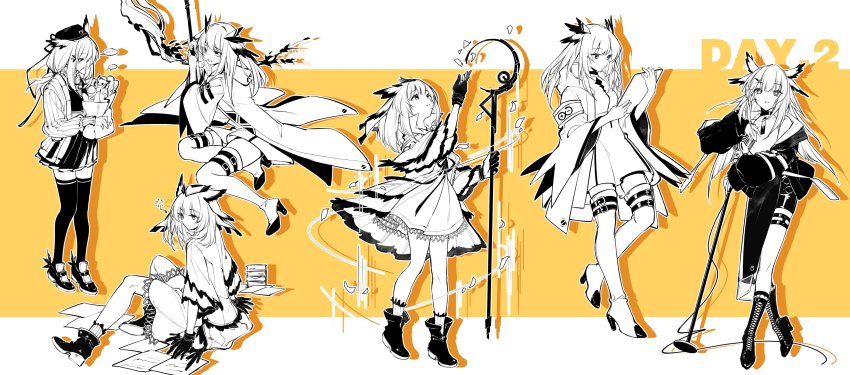 1girl absurdres ambience_synesthesia arknights black_gloves boots dress elite_ii_(arknights) feather_hair fy_fei_xiao_ya gloves hair_ornament hairclip highres holding holding_staff limited_palette long_hair microphone official_alternate_costume owl_girl pointy_hair ptilopsis_(ambience_synesthesia)_(arknights) ptilopsis_(arknights) ptilopsis_(elite_ii)_(arknights) ptilopsis_(serenity)_(arknights) rhine_lab_logo skirt staff thigh_boots thighhighs