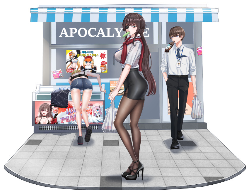 1boy 6+girls absurdres amy_strickland ass bag belt belt_buckle bikini black_bikini black_gloves black_pants bra breasts brown_hair brown_pantyhose buckle collarbone counter:side dress_shirt eyepatch fingerless_gloves food_in_mouth gloves green_eyes high_heels highres horizon_(counter:side) id_card korean_text lara_jaeger large_breasts lee_jisoo long_hair lumi_(counter:side) machine-g.a.p. miya_(counter:side) mmm_(ji1945) multiple_girls na_yubin navel necktie official_art pants pantyhose plastic_bag popsicle popsicle_in_mouth poster_(object) see-through_clothes shirt shorts sigma_(counter:side) sleeves_rolled_up swimsuit thighband_pantyhose tiles transparent_background underwear