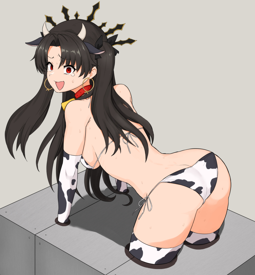 1girl all_fours animal_print ass backboob bikini black_hair black_ribbon breasts brown_background butt_crack cow_horns cow_print cow_print_bikini d: earrings elbow_gloves fate/grand_order fate_(series) gloves hair_ribbon highres hoop_earrings horns invisible_wanwan&#039;o ishtar_(fate) jewelry large_breasts long_hair open_mouth print_bikini red_eyes restrained ribbon simple_background solo sweat swimsuit tears thighhighs thighs