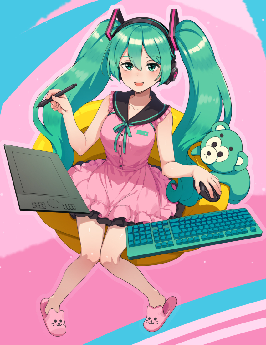 1girl :d abubu animal_slippers aqua_eyes aqua_hair aqua_ribbon black_sailor_collar buttons cat_slippers computer_keyboard computer_mouse drawing_tablet dress frilled_dress frills hatsune_miku headphones highres holding holding_computer_mouse holding_stylus long_hair looking_at_viewer open_mouth pink_dress pink_slippers ribbon sailor_collar sailor_dress sitting slippers smile solo stuffed_animal stuffed_toy stylus twintails vocaloid