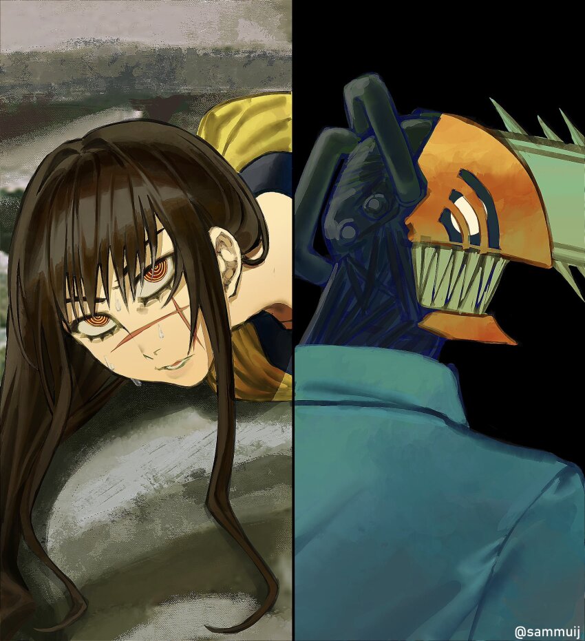 1boy 1girl black_hair blue_shirt chainsaw_man commentary denji_(chainsaw_man) english_commentary facial_scar highres long_hair open_mouth ringed_eyes sammuij scar scar_on_cheek scar_on_face scar_on_nose sharp_teeth shirt sweat teeth twitter_username yellow_eyes yoru_(chainsaw_man)