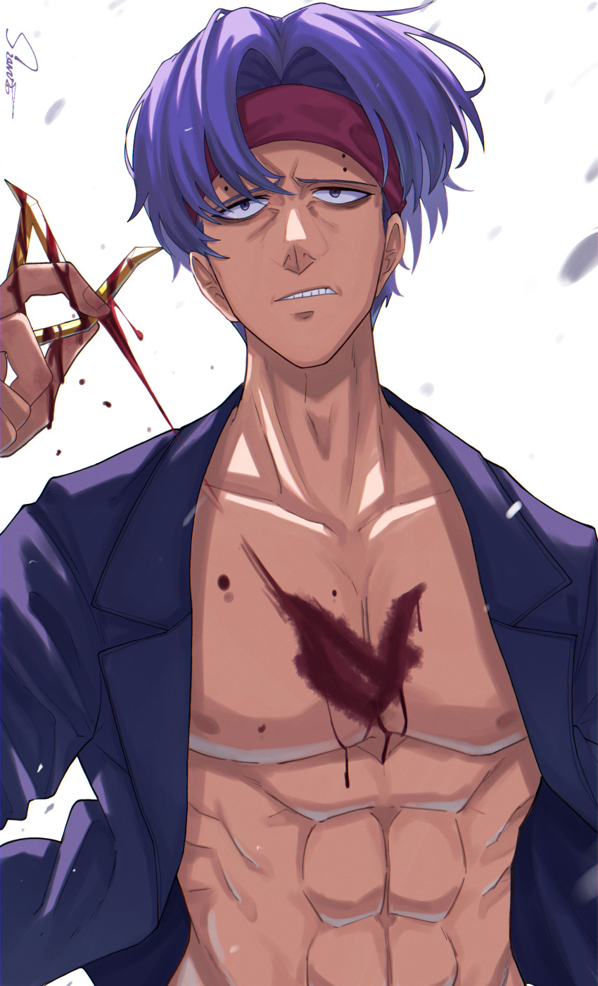 1boy abs absurdres blood headband highres jacket looking_at_viewer male_focus nico_vorgeil open_clothes open_jacket pectorals purple_eyes purple_hair purple_jacket red_headband shishiruto short_hair simple_background solo toned toned_male undead_unluck white_background