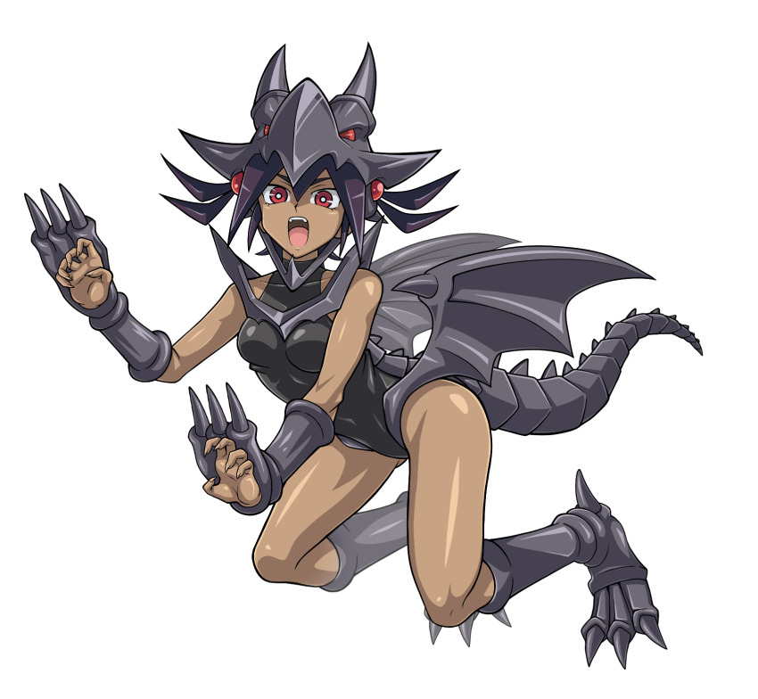 1girl bare_shoulders black_hair breasts claw_pose claws dark-skinned_female dark_skin dgodnz dragon_girl highres leotard medium_breasts open_mouth red-eyes_black_dragon red_eyes simple_background small_breasts tail teeth wings yu-gi-oh! yu-gi-oh!_cross_duel
