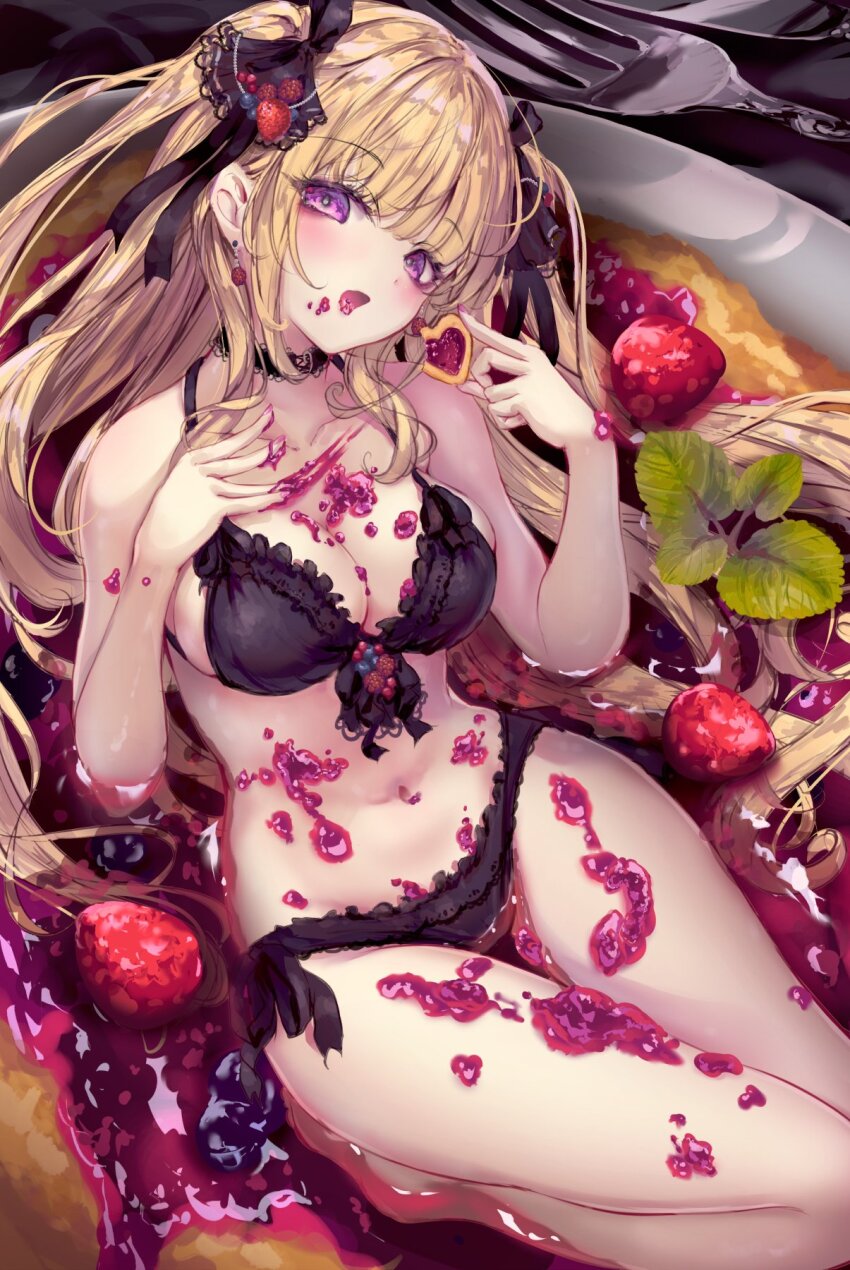 1girl bikini black_bikini black_ribbon blonde_hair blueberry breasts choker commentary cookie earrings eating food food-themed_earrings food_on_body food_on_face fork frilled_bikini frills front-tie_bikini_top front-tie_top fruit fruit_earrings garnish hair_ribbon hand_on_own_chest highres holding holding_cookie holding_food in_food jam jewelry large_breasts leaf long_hair missile228 original oversized_food oversized_object plate purple_eyes raspberry ribbon side-tie_bikini_bottom solo strawberry swimsuit thumbprint_cookie two_side_up very_long_hair