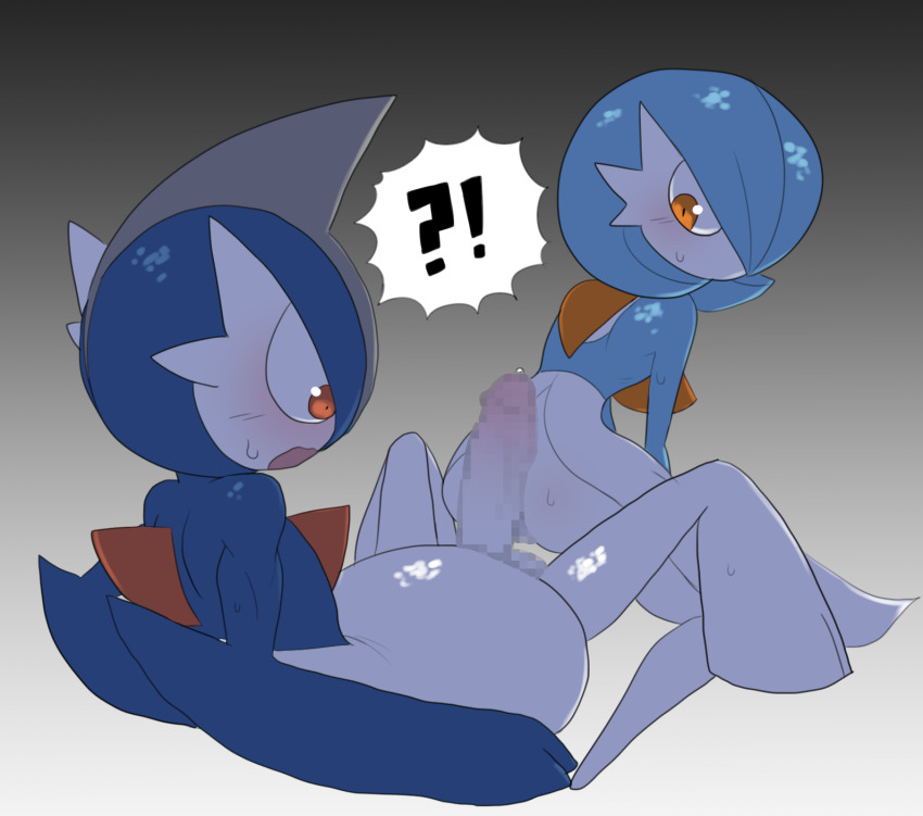 !? 1boy 1girl alternate_color arm_support ass blue_hair blue_skin blush bob_cut buttjob censored colored_skin constricted_pupils erection gallade gardevoir gen_3_pokemon gen_4_pokemon gradient_background green_hair grey_background grey_hair hair_over_one_eye hetero highres imminent_penetration kneeling knees_up leaning_forward looking_at_another looking_at_penis looking_back looking_down lying mohawk mosaic_censoring multicolored_hair multicolored_skin nervous nintendo no_feet on_back one_eye_covered open_mouth orange_eyes penis pokemon pokemon_(creature) rosebud_(pixiv_111107417) shiny_pokemon short_hair simple_background speech_bubble spoken_interrobang spread_legs surprised sweat two-tone_hair two-tone_skin white_skin wide-eyed