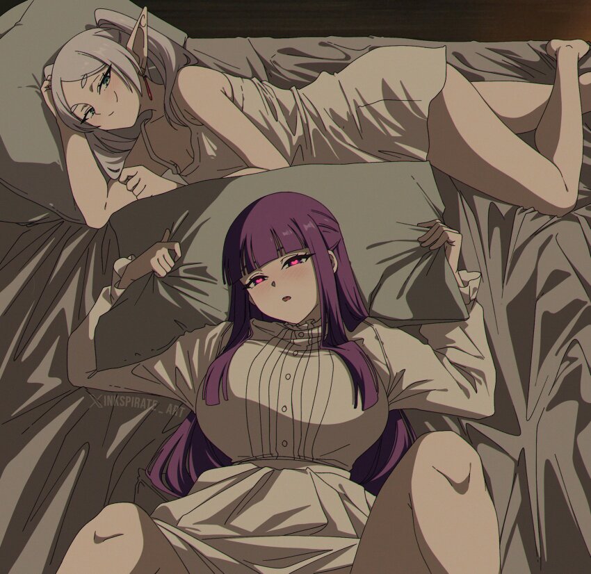 2girls artist_name barefoot bed blunt_bangs camisole commentary dress fern_(sousou_no_frieren) frieren half-closed_eyes heart heart-shaped_pupils highres inkspirate long_hair looking_at_viewer lying multiple_girls on_bed on_side purple_hair smile smug sousou_no_frieren spread_legs symbol-shaped_pupils thighs twitter_username twitter_x_logo white_camisole white_dress white_hair