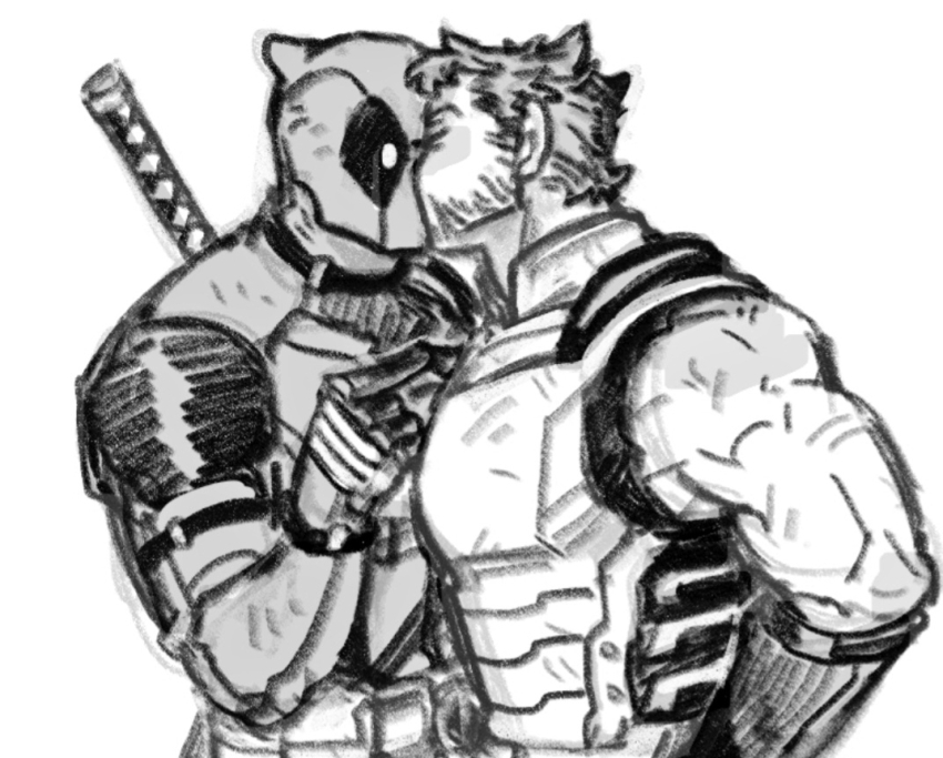 2boys animification bare_shoulders bodysuit choker closed_mouth commentary deadpool deadpool_&amp;_wolverine deadpool_(series) dishing facial_hair gauntlets gloves greyscale hand_up kiss looking_at_another male_focus marvel marvel_cinematic_universe monochrome multiple_boys muscular muscular_male scar short_hair simple_background superhero_costume symbol-only_commentary upper_body weapon weapon_on_back wolverine_(x-men) wristband x-men yaoi