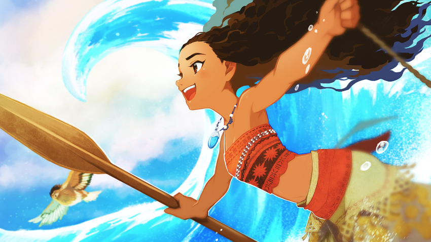 1girl bare_shoulders brown_eyes brown_hair curly_hair dark-skinned_female dark_skin highres jewelry long_hair moana_(movie) moana_waialiki necklace oar smile solo strapless upper_body user_hrgf3435 water