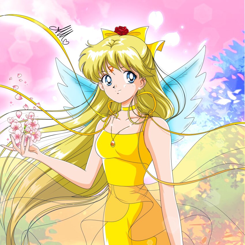 aino_minako anello81 bishoujo_senshi_sailor_moon blonde_hair blue_eyes bow cherry_blossoms choker collarbone dress eyeshadow flower hair_bow hair_flower hair_ornament highres jewelry long_hair makeup necklace orange_eyeshadow princess_venus rose smile venus_symbol wings yellow_choker yellow_dress