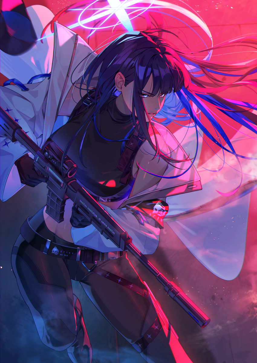 1girl absurdres assault_rifle black_gloves black_pants black_shoes black_sports_bra blue_archive blue_eyes blue_hair gloves gun highres holding holding_gun holding_weapon jacket long_hair looking_to_the_side nefula14 pants rifle saori_(blue_archive) sharp_teeth shoes sidelocks solo sports_bra teeth weapon white_jacket