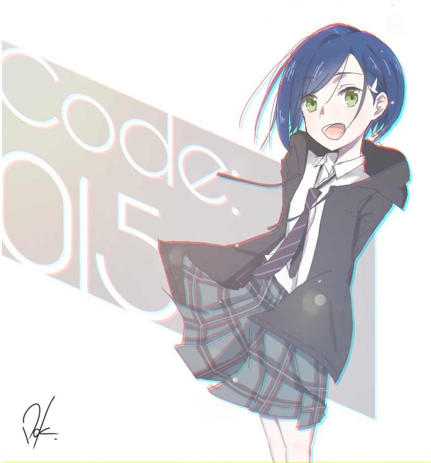 1girl :d arms_behind_back artist_name black_hoodie blue_hair bob_cut breasts character_name chromatic_aberration collared_shirt commentary darling_in_the_franxx diagonal-striped_clothes diagonal-striped_necktie dokkoisho_pxv drawstring dress_shirt feet_out_of_frame floating_clothes green_eyes green_skirt hair_ornament hairclip highres hood hood_down hoodie ichigo_(darling_in_the_franxx) loose_hair_strand loose_necktie necktie official_alternate_costume open_mouth plaid_clothes plaid_skirt pleated_skirt purple_necktie school_uniform shirt short_hair signature skirt small_breasts smile solo standing striped_clothes swept_bangs translated white_background white_shirt wind wind_lift
