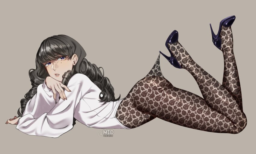 1girl alternate_costume artist_name black_shoes brown_background brown_eyes brown_hair commentary english_commentary fear_&amp;_hunger_(series) fear_&amp;_hunger_2:_termina from_side full_body high_heels highres lace lace_pantyhose lace_pantyhose_hooked_on_heel_(meme) long_hair long_sleeves lying marina_(fear_&amp;_hunger) meme miokiokiko mole mole_under_eye no_pants no_piercings on_stomach pantyhose parted_lips shirt shoes simple_background solo white_shirt