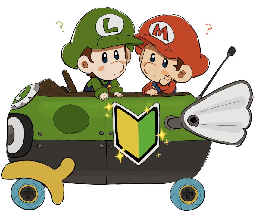2boys ? baby_luigi baby_mario blue_eyes brown_hair green_shirt hat highres luigi male_focus mario mario_(series) mario_kart mario_kart_8 mimimi_(mimimim9999) multiple_boys nintendo overalls race_vehicle shirt short_hair wheel