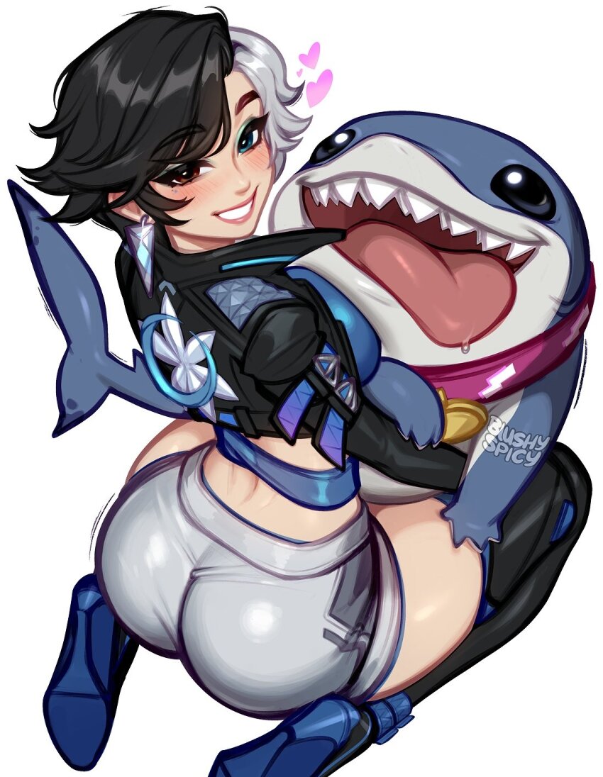 1girl ass black_hair blue_eyes blushyspicy breasts fins fish_tail heterochromia highres jacket jeff_(marvel) looking_at_viewer luna_snow marvel marvel_rivals multicolored_hair open_mouth shark shark_tail sharp_teeth short_hair shorts smile split-color_hair tail teeth tongue tongue_out two-tone_hair white_hair
