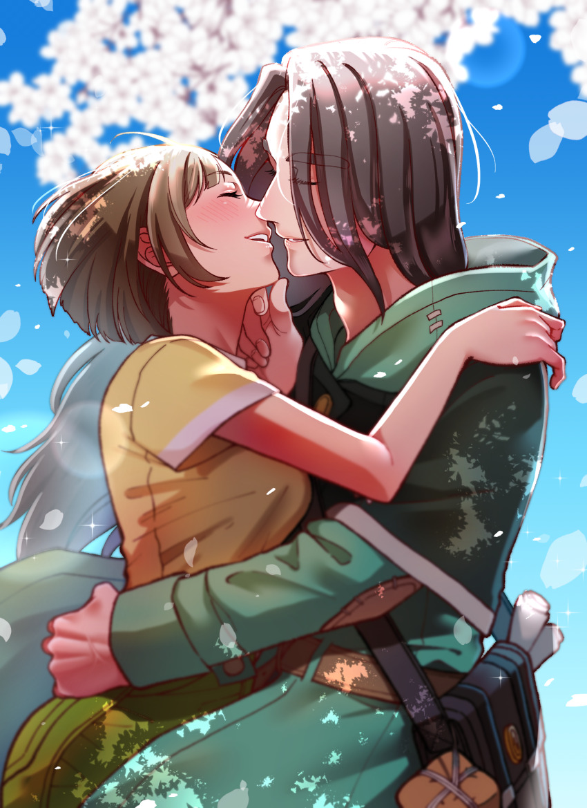 1boy 1girl bag blurry blush breasts capelet cherry_blossoms coat commentary_request dress falling_petals fang_(my_time_at_sandrock) green_capelet green_coat hand_on_another&#039;s_chin hetero highres hood hooded_coat imminent_kiss large_breasts lens_flare long_hair lucy_(my_time_at_sandrock) medium_hair mugicha_(zoro1132) my_time_at_portia my_time_at_sandrock petals smile yellow_dress