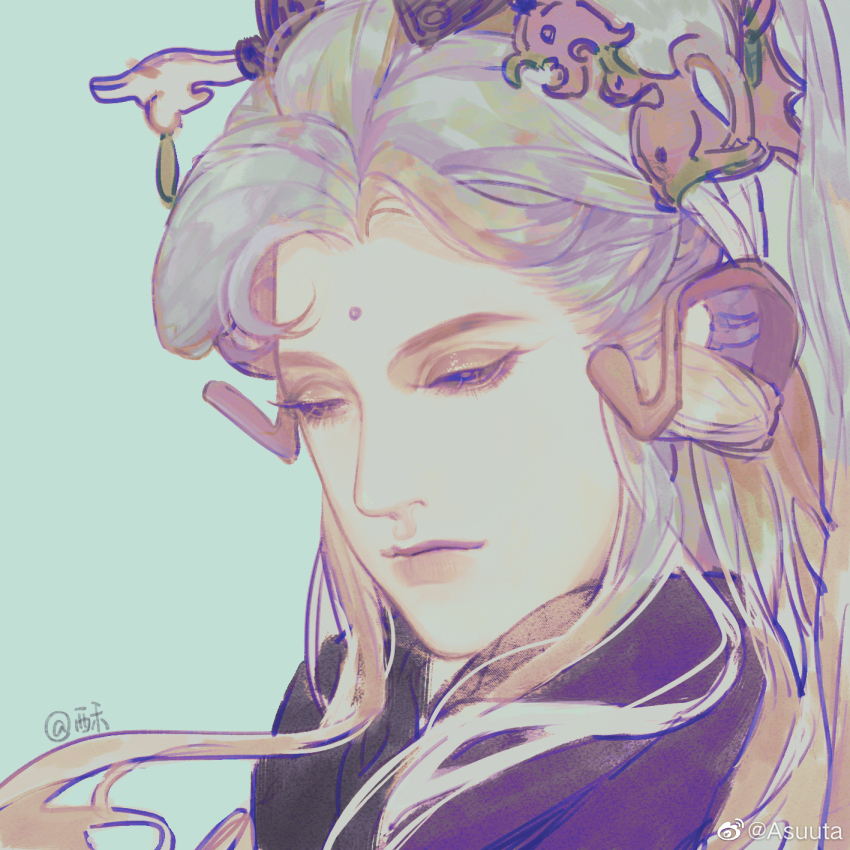 1boy artist_name asuuta black_scarf blue_background blue_eyes chinese_clothes chinese_commentary closed_mouth commentary_request crown expressionless eyelashes eyeshadow forehead_jewel gold_crown half-closed_eyes high_ponytail highres long_hair long_sidelocks makeup orange_eyeshadow original pink_lips ponytail scarf sidelocks simple_background solo thick_eyebrows thick_lips upper_body watermark weibo_watermark white_hair