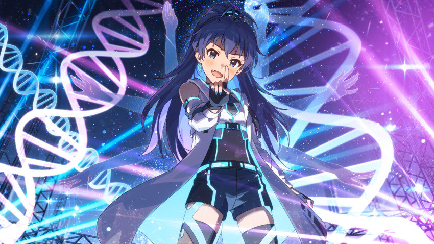1girl belt blue_eyes blue_hair double_helix fang fingerless_gloves game_cg ganaha_hibiki gloves idol_clothes idolmaster idolmaster_million_live! idolmaster_million_live!_theater_days nail_polish official_art open_mouth ponytail short_shorts shorts solo stage_lights thighhighs