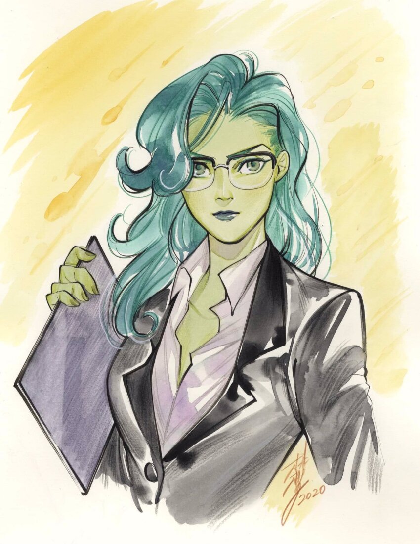 1girl 2020 arm_up asymmetrical_hair black_jacket black_suit breasts collarbone collared_shirt colored_skin dress_shirt eyeliner folder formal_clothes green_eyeliner green_eyes green_hair green_lips green_nails green_skin highres holding holding_folder jacket jennifer_walters lapels long_hair looking_to_the_side looking_up makeup marvel medium_breasts notched_lapels open_collar peach_momoko she-hulk shirt sideways_glance signature simple_background suit suit_jacket traditional_media two-tone_background upper_body wavy_hair white_background white_shirt yellow_background