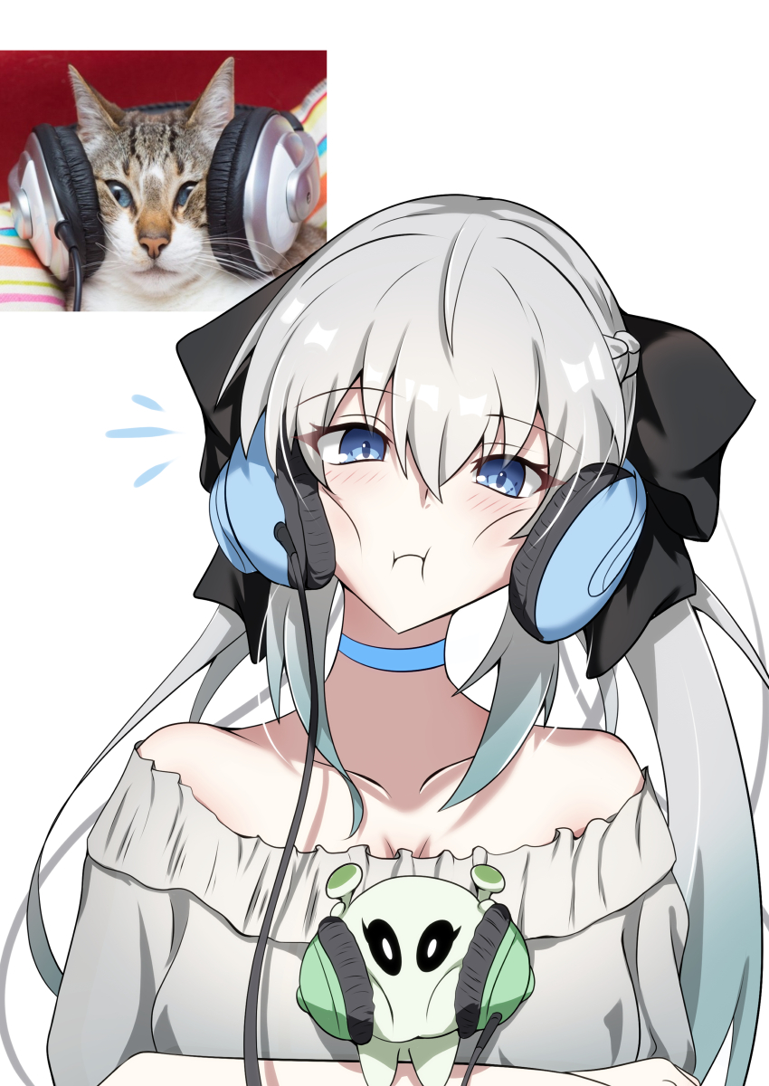 1girl :i absurdres animal aqua_choker aqua_headphones bare_shoulders black_ribbon blue_eyes blush breasts cat cheek_squash choker cleavage closed_mouth collarbone con_(fate) fate/grand_order fate_(series) gradient_hair green_headphones grey_sweater hair_between_eyes hair_ornament hair_ribbon headphone_cat_(meme) headphones highres ice_choco_maker inset long_hair looking_at_viewer meme morgan_le_fay_(fate) multicolored_hair notice_lines off-shoulder_sweater off_shoulder photo-referenced reference_inset ribbon simple_background solo sweater upper_body white_background white_hair