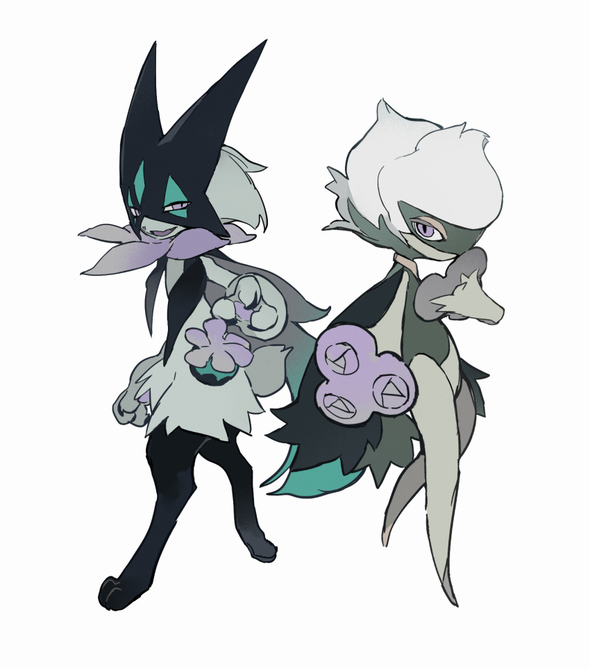 alternate_color animal_feet animal_hands black_flower black_fur cape colored_skin digitigrade floral_dress flower full_body gen_4_pokemon green_cape green_fur green_skin highres keroreud meowscarada nintendo no_humans pokemon pokemon_(creature) pokemon_focus purple_eyes purple_flower roserade shiny_pokemon side-by-side simple_background slit_pupils white_background white_petals