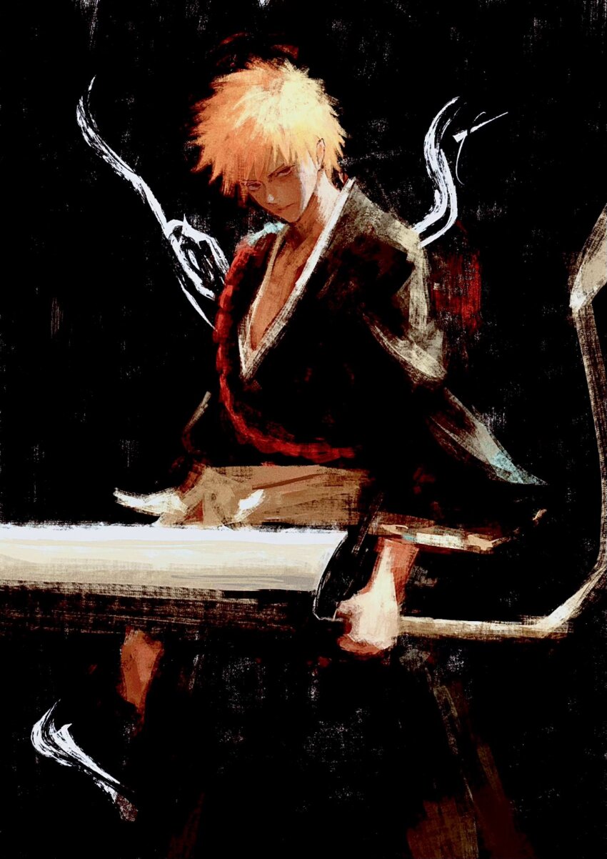1boy black_background black_kimono bleach closed_mouth commentary frown fuyumurasaki highres holding holding_sword holding_weapon japanese_clothes kimono kurosaki_ichigo looking_at_viewer male_focus orange_hair red_eyes short_hair solo spiked_hair standing sword weapon