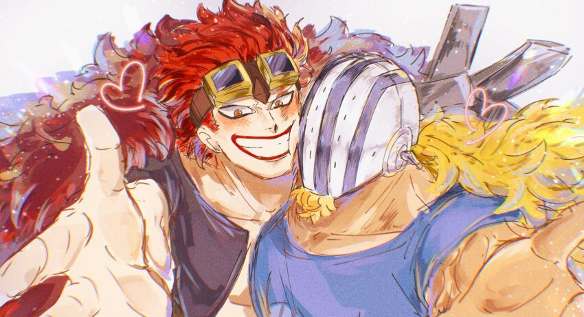 2boys ame_ekai bara beckoning blonde_hair cheek-to-cheek dark-skinned_male dark_skin eustass_kid facial_hair facial_hair_through_mask goatee goggles goggles_on_head grin heads_together heart highres hockey_mask killer_(one_piece) large_pectorals long_hair looking_at_viewer male_focus mask multiple_boys muscular muscular_male one_piece outstretched_arms pectorals reaching reaching_towards_viewer smile upper_body very_long_hair wavy_hair yaoi