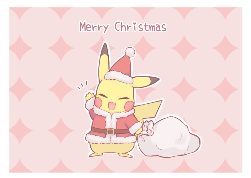 025sakura393 :d arm_up belt border brown_belt closed_eyes commentary_request facing_viewer gen_1_pokemon happy hat highres holding holding_sack jacket merry_christmas nintendo no_humans notice_lines open_mouth pikachu pikachu_(holiday) pokemon pokemon_(creature) pokemon_unite red_jacket sack santa_hat smile solo white_border