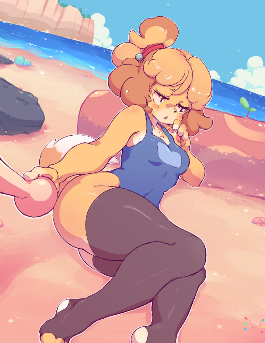 1boy 1girl alternate_costume animal_crossing animal_ears animal_hands artist_name ass averting_eyes bare_shoulders beach bell black_eyes black_thighhighs blonde_hair blue_one-piece_swimsuit blue_sky blush blush_stickers breasts cloud collarbone covered_navel day disembodied_hand dog_ears dog_girl dog_tail embarrassed furry furry_female hair_bell hair_ornament half-closed_eyes hand_up highres holding_hands horizon isabelle_(animal_crossing) jingle_bell log looking_to_the_side lying medium_breasts nervous nintendo ocean on_side one-piece_swimsuit open_mouth outdoors outline outstretched_arm pawpads rock sand seashell shell shiny_clothes shiny_skin short_hair signature sky solo_focus star_(symbol) starmilk stirrup_legwear sweat swimsuit tail teeth thick_thighs thighhighs thighs toeless_legwear topknot villager_(animal_crossing) water white_outline wide_hips