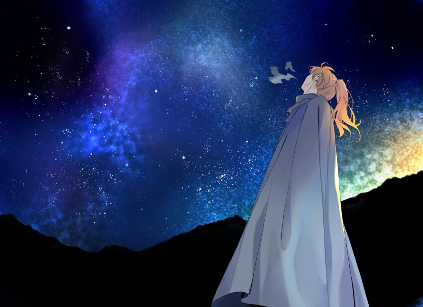 1boy breath brown_hair commentary_request fate/grand_order fate_(series) grey_cloak highres horizon long_hair looking_up male_focus messy_hair milky_way n_oel night night_sky ponytail romani_archaman sky solo star_(sky) starry_sky