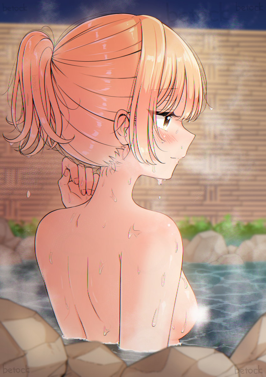1girl absurdres betock blonde_hair blush breasts brown_eyes closed_mouth commentary_request convenient_censoring hand_up highres medium_breasts onsen original ponytail short_ponytail shoulder_blades solo steam upper_body wet