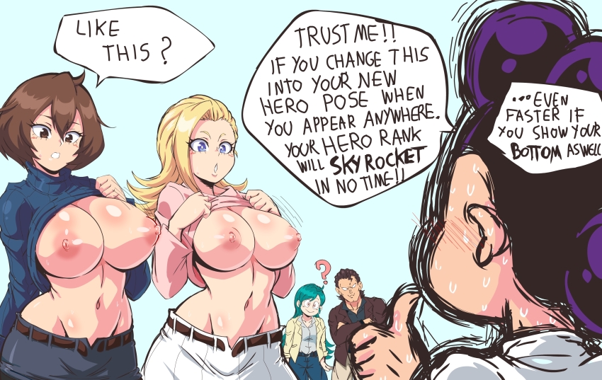 2boys 3girls ? blonde_hair blue_eyes blue_sweater blush boku_no_hero_academia breasts brown_eyes brown_hair clothes_lift english_text green_hair groin highres large_breasts lewdamone long_hair mandalay_(boku_no_hero_academia) mineta_minoru multiple_boys multiple_girls navel netorare nipples no_bra no_pupils open_mouth pink_eyes pink_shirt pixie-bob_(boku_no_hero_academia) purple_hair ragdoll_(boku_no_hero_academia) shirt shirt_lift short_hair spoken_question_mark sweater thumbs_up tiger_(boku_no_hero_academia) white_shirt