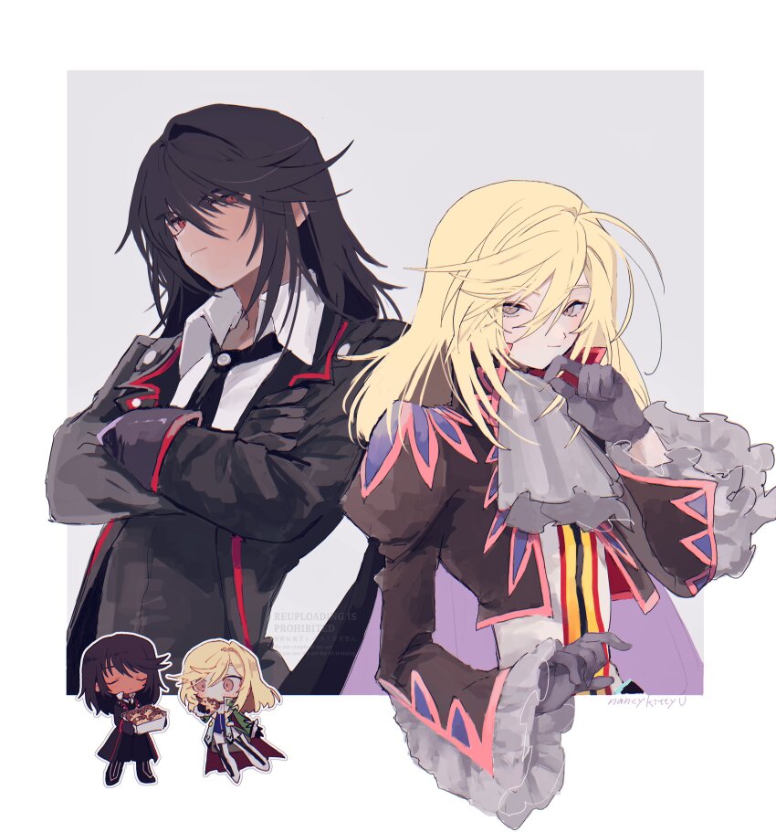 2boys absurdres ascot black_gloves black_hair black_jacket black_necktie blonde_hair border brown_eyes chibi chibi_inset collared_shirt commentary cropped_jacket crossed_arms dark-skinned_male dark_skin donut food gaius_(tales) gloves grey_ascot grey_background highres holding holding_weapon jacket long_hair male_focus multiple_boys nancykittyu necktie purple_gloves red_eyes richard_(tales) shirt short_hair simple_background tales_of_(series) tales_of_graces tales_of_xillia watermark weapon white_shirt