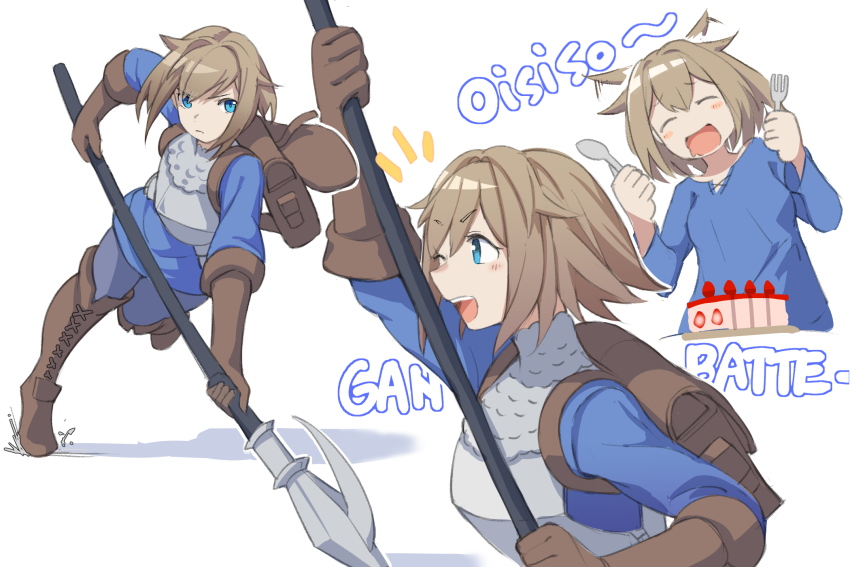1girl :d armor blue_eyes boots breastplate brown_bag brown_footwear brown_gloves cake chloe_(unicorn_overlord) closed_eyes closed_mouth commentary_request cross-laced_footwear food fork gloves highres holding holding_fork holding_polearm holding_spoon holding_weapon medaman multiple_views notice_lines one_eye_closed open_mouth polearm romaji_text smile spear spoon unicorn_overlord weapon