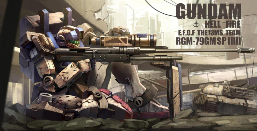 building character_name damaged debris dirty earth_federation fusion gm_sniper gm_sniper_ii gun gundam gundam_0080 gundam_08th_ms_team machinery mecha military_vehicle mobile_suit motor_vehicle no_humans original realistic rifle robot roundel ruins science_fiction scope shield sitting sniper_rifle tank tiewan turret weapon wreckage
