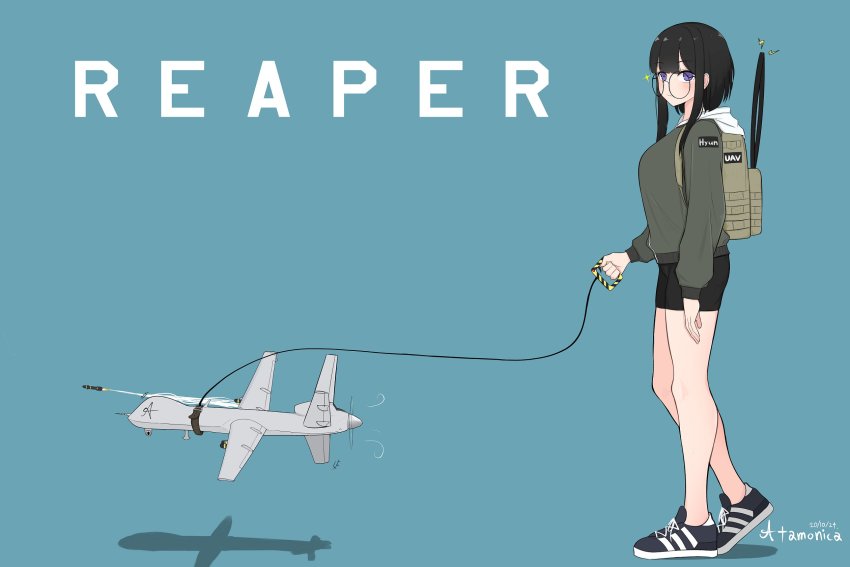 1girl adidas agm-114_hellfire air-to-surface_missile anti-tank_guided_missile anti-tank_missile artist_name atamonica backpack bag bike_shorts black_hair black_shoes black_shorts blue_background blue_eyes blunt_bangs blush breasts commentary dated drone english_commentary firing general_atomics_aeronautical_systems glasses green_sweater highres korean_commentary large_breasts leash military missile mixed-language_commentary mq-9_reaper original precision-guided_munition round_eyewear shoes short_hair short_hair_with_long_locks shorts sidelocks sneakers surface-to-surface_missile sweater unmanned_aerial_vehicle unmanned_combat_aerial_vehicle walking white_hood