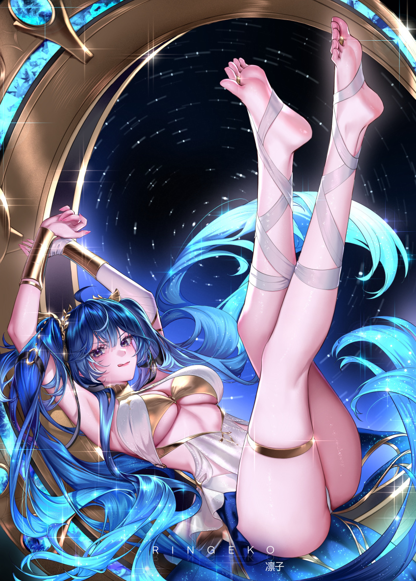 1girl :q absurdres adapted_costume ahoge ancient_greek_clothes armpits arms_up artist_name barefoot blue_background blue_eyes blue_hair breasts closed_mouth commentary dress feet full_body gradient_background greco-roman_clothes hair_belt head_wreath highres iuno_(wuthering_waves) jewelry large_breasts leg_wrap legs_up long_hair looking_at_viewer lying multicolored_hair on_back ringeko-chan smile soles solo star_(sky) streaked_hair thighlet thighs toe_ring toes tongue tongue_out twintails very_long_hair white_dress wuthering_waves