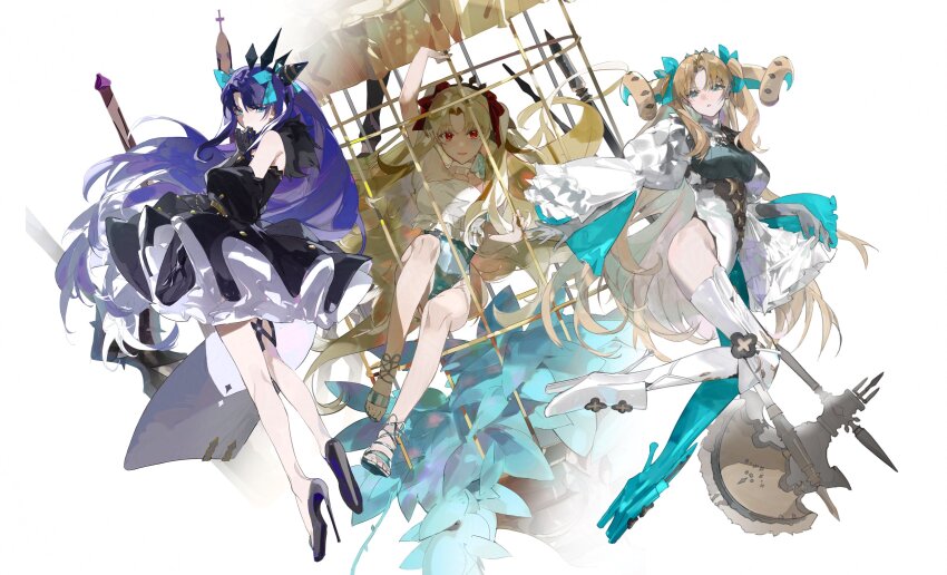 absurdres aqua_boots aqua_pantyhose aqua_ribbon asymmetrical_footwear bare_shoulders birdcage black_dress black_tiara blonde_hair blue_cloak blue_eyes blue_pantyhose boots bow breasts cage clerical_collar cloak curled_horns curtained_hair detached_collar detached_sleeves dress elbow_gloves ereshkigal_(fate) fate/grand_order fate_(series) frilled_one-piece_swimsuit frills fui_(fui29493452) fur-trimmed_cloak fur_trim gloves green_pantyhose grey_gloves grey_one-piece_swimsuit hair_bow hair_ribbon halberd highres holding holding_polearm holding_weapon horns leotard long_hair long_sleeves looking_at_viewer medium_breasts metal_bracelet mismatched_footwear multicolored_horns multicolored_swimsuit multiple_girls o-ring o-ring_swimsuit one-piece_swimsuit pantyhose parted_bangs polearm puff_and_slash_sleeves puffy_detached_sleeves puffy_sleeves red_eyes ribbon single_leg_pantyhose smile space_ereshkigal_(fate) space_ereshkigal_(first_ascension)_(fate) space_ereshkigal_(second_ascension)_(fate) space_ereshkigal_(third_ascension)_(fate) swimsuit thighhighs tiara two-tone_one-piece_swimsuit two-tone_swimsuit two_side_up weapon white_gloves white_leotard white_one-piece_swimsuit