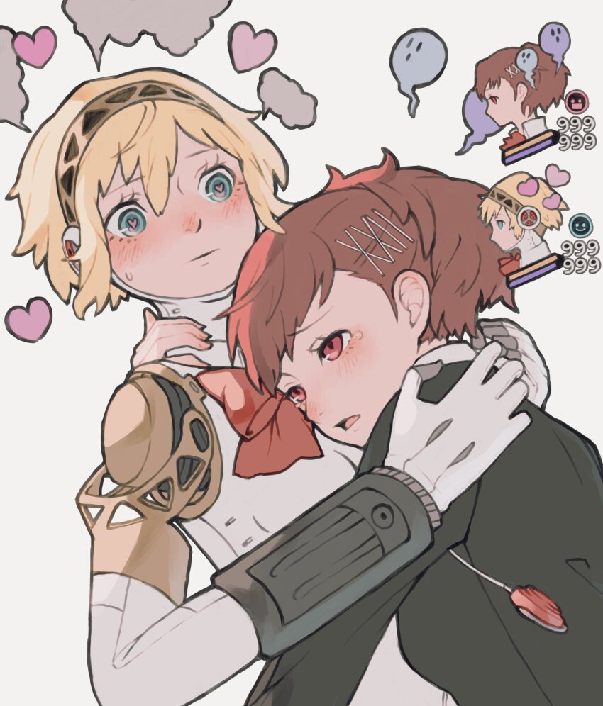 2girls aigis_(persona) android black_jacket blonde_hair blue_eyes blush bow bowtie brown_eyes brown_hair earphones_removed gekkoukan_high_school_uniform hair_ornament hairclip head_on_another&#039;s_chest head_steam health_bar heart heart-shaped_pupils highres hug jacket joints long_sleeves multiple_girls nose_blush persona persona_3 persona_3_portable red_bow red_bowtie red_eyes robot_ears robot_joints school_uniform shiomi_kotone short_hair sweatdrop symbol-shaped_pupils tbjj1208 upper_body yuri