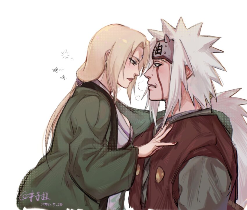 1boy 1girl assertive_female blonde_hair blush facial_hair flak_jacket jacket jiraiya_(naruto) looking_at_another mature_female mine00451 naruto_(classic) naruto_(series) tsunade_(naruto) upper_body white_hair