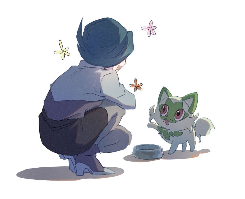 1girl :d black_skirt bowl commentary_request cropped_jacket green_hair grey_pantyhose high_heels highres jacket maxwell_yaochu nintendo onia_(pokemon) open_mouth pantyhose pet_bowl pokemon pokemon_(anime) pokemon_(creature) pokemon_horizons shirt short_hair skirt smile sprigatito squatting white_background