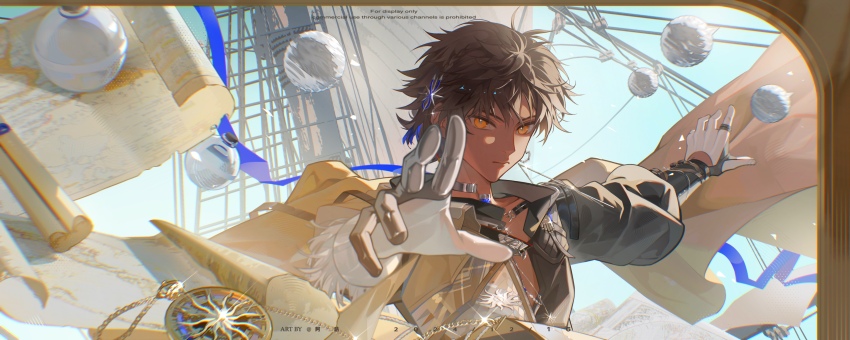 1boy absurdres arknights artist_name black_jacket blue_scarf blue_sky brown_hair commentary compass dark-skinned_male dark_skin from_behind gloves highres jacket looking_at_viewer male_focus mast open_clothes open_jacket orange_eyes orb scarf scroll serious sky solo thorns_(arknights) thorns_the_lodestar_(arknights) upper_body white_gloves xianyu_guguzi