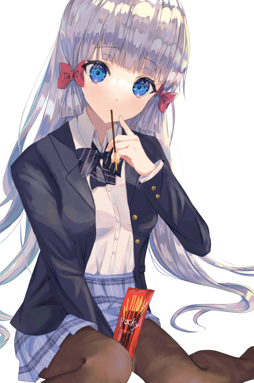 1girl absurdres alternate_costume ayaka_(genshin_impact) black_pantyhose blazer blue_eyes blunt_bangs bow bowtie commentary_request contemporary eating genshin_impact hair_bow hair_ribbon highres index_finger_raised isuzu_(an_icy_cat) jacket long_hair long_sleeves looking_at_viewer mouth_hold pantyhose plaid_clothes plaid_skirt pocky_day pointing pointing_at_self ponytail ribbon school_uniform sidelocks silver_hair simple_background sitting skirt solo tress_ribbon white_background