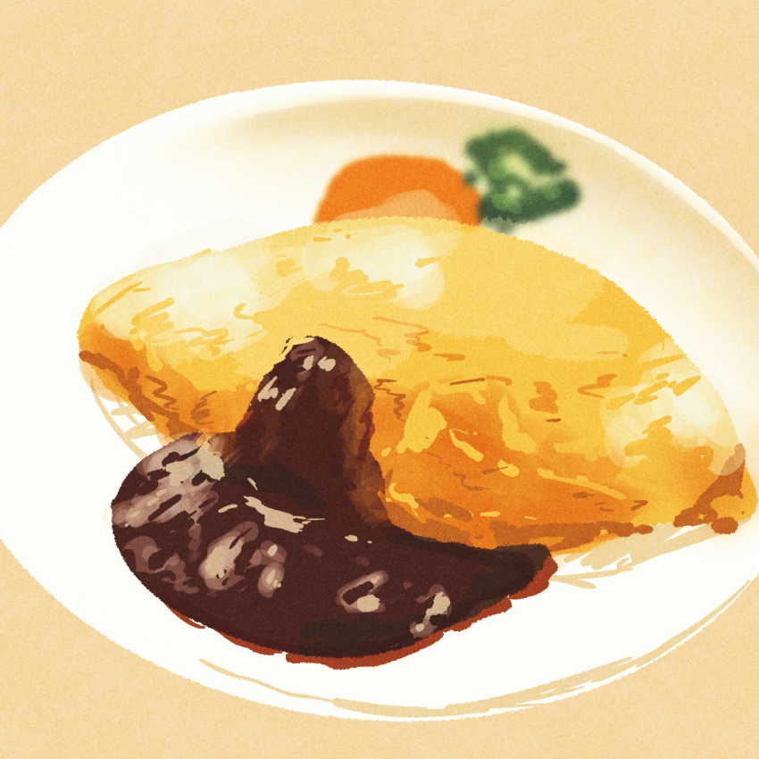 blurry blurry_background food food_focus highres no_humans omelet omurice original plate poipoooo sauce simple_background still_life tan_background