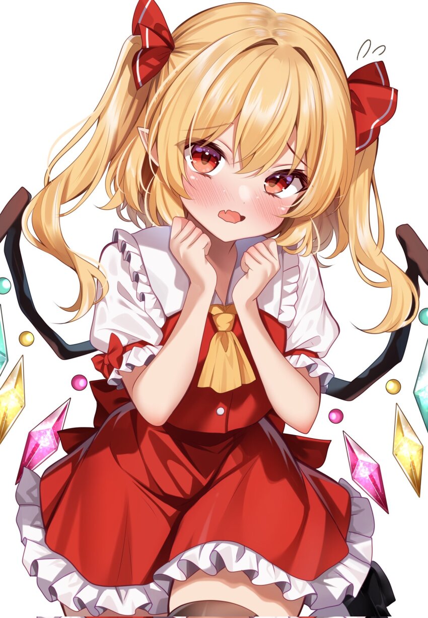 1girl alternate_hairstyle ascot back_bow black_shoes black_thighhighs blonde_hair blush bow clenched_hands commentary_request corrupted_twitter_file cowboy_shot crystal_wings embarrassed fang flandre_scarlet flying_sweatdrops frilled_shirt_collar frilled_skirt frills hair_between_eyes hair_ribbon hands_up highres long_hair looking_at_viewer no_headwear open_mouth pointy_ears puffy_short_sleeves puffy_sleeves red_bow red_eyes red_ribbon red_skirt red_vest ribbon shirotsuki_shirone shirt shoes short_sleeves simple_background skin_fang skirt sleeve_ribbon socks solo standing standing_on_one_leg thighhighs touhou two_side_up vest white_background white_shirt white_socks wings yellow_ascot